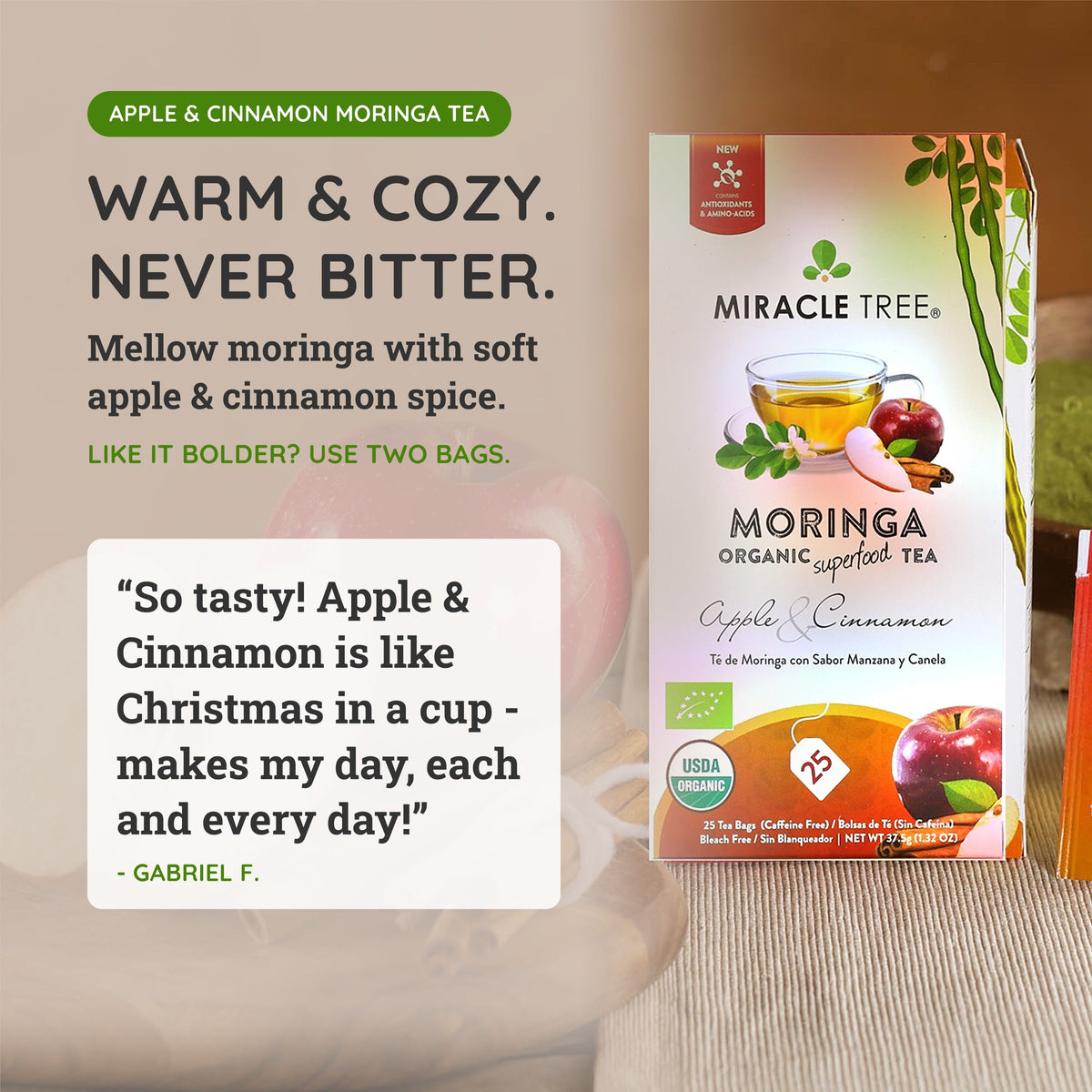 Organic Moringa Tea - Apple & Cinnamon - Caffeine-Free Herbal Tea